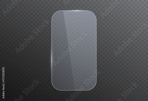 Glass plate on transparent background. Realistic screen glass, window mockup, clear glass showcase, glossy plastic glare frame, acrylic with glares and light, clear rectangular plate, plexiglas, 3d.