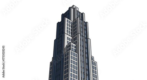 Modern Art Deco Skyscraper Architecture Isolated on White Background