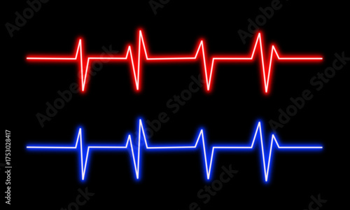 Neon glowing heartbeat vector icons set, ECG line, EKG, pulse, medical rhythm, vital signs, red and blue digital design illustration on dark background.	