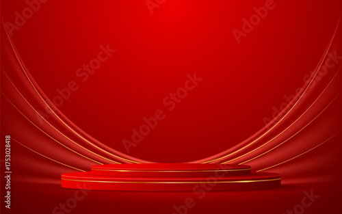 Red podium with elegant gold lines for the best awards or product display. stage or podium. vector illustration	