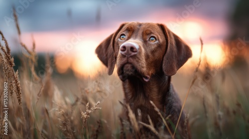 A close-up portrait of a brown dog with striking blue eyes, gazing thoughtfully into the distance against a stunning sunset backdrop in a golden field.