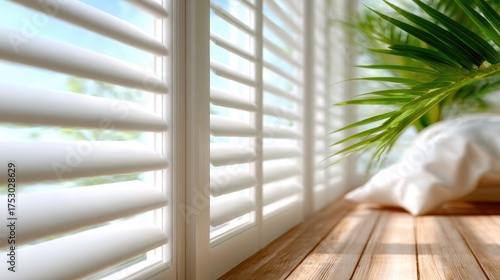 A cozy indoor scene featuring sunlit shutters and a lush green plant on a wooden ledge, evoking a serene and inviting atmosphere.