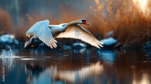 A graceful swan takes to the air, its wings spread wide against the backdrop of soft light, reflecting on the water below, capturing nature's beauty and serenity perfectly.