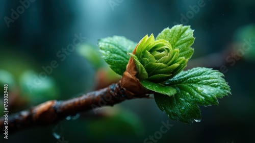 New green leaves emerge from a branch, glistening with raindrops, encapsulating the essence of renewal and growth in a vibrant, lush environment after a refreshing rain shower.
