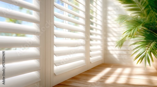 A serene indoor setting with white shutters filtering natural light, complemented by lush green plants, creating a tranquil and inviting atmosphere that enhances relaxation.