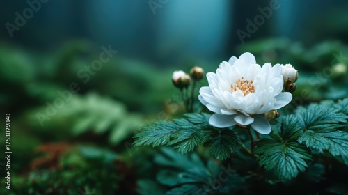 A beautifully delicate white flower blooms amidst lush green foliage, illustrating the contrast of purity and vitality in nature's serene environment.