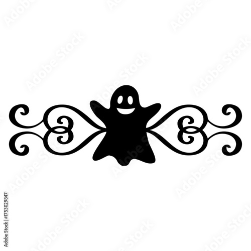Logo con silueta de fantasma con filigrana caligráfica. Silueta con florituras para tarjetas y felicitaciones de Halloween
