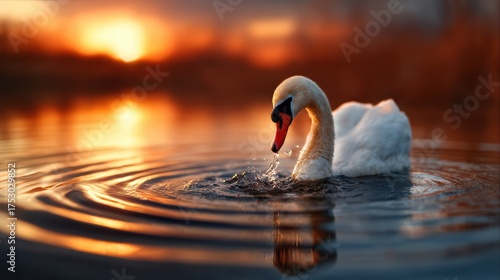 An elegant swan gracefully glides across the water at sunset, creating a serene atmosphere that embodies beauty, tranquility, and the harmony of nature.