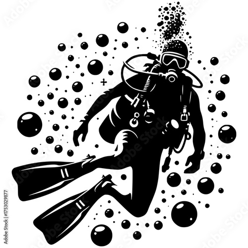 Beneath the Surface: A lone scuba diver descends into the depths, silhouetted against a backdrop of effervescent bubbles. Diving into a realm of serenity and excitement.