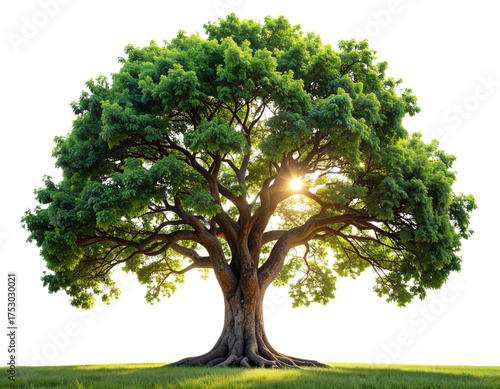 Majestic Sal Tree with Thick Trunk and Sunlit Green Leaves isolated on transparent background PNG