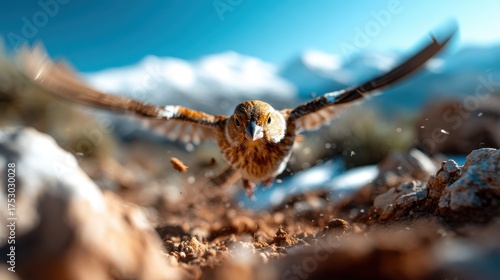 A striking image of a bird in full flight, showcasing its wingspan against a breathtaking mountainous landscape, exemplifying freedom and the beauty of nature in motion.
