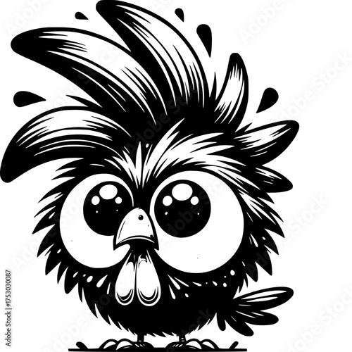 Adorable Cartoon Cockrel Illustration: A whimsical cartoon cockrel with large expressive eyes and distinctive feathers, rendered in a charming cartoon style that evokes joy and lightheartedness.