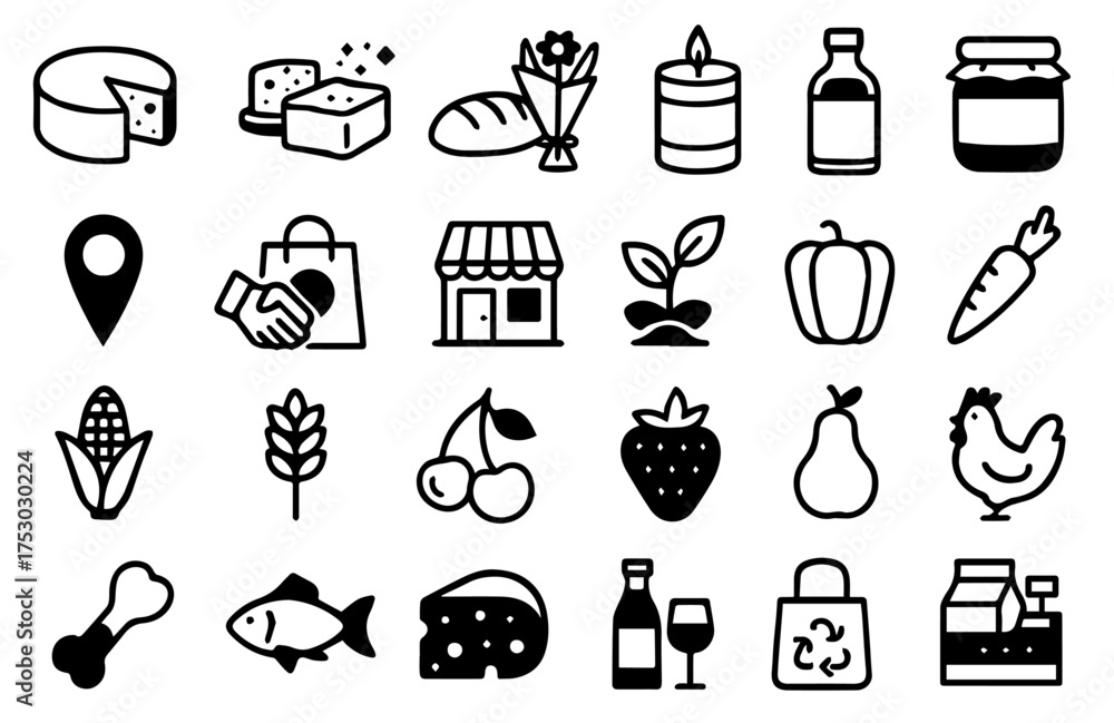 Fototapeta premium Icons representing various food items, grocery activities, and agricultural products for a simpler living approach