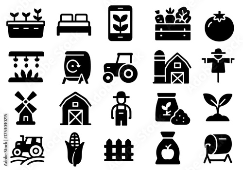 Variety of farm-related icons showcasing gardening, crops, and agricultural tools in a simple black and white design