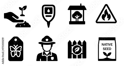 Black and white icons of nature conservation elements including planting, water measurement, and fire safety symbols