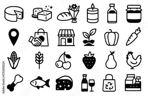Icons representing various food items, grocery activities, and agricultural products for a simpler living approach