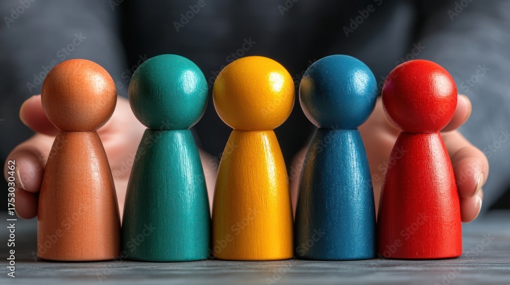 Naklejka premium Hands holding colorful wooden figures, teamwork concept, diverse group