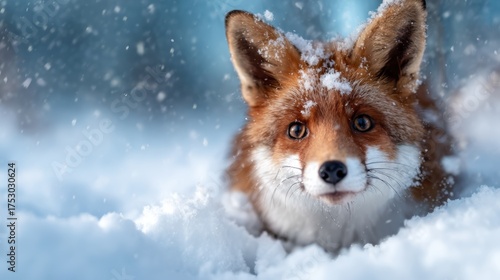 A stunning fox peers through falling snow in a tranquil winter landscape. Its fur is vibrant against the soft, white snow, creating a serene and enchanting scene.