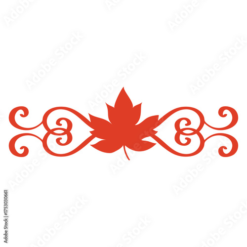 Logo con hoja de arce con filigrana caligráfica. Silueta con florituras para felicitaciones y tarjetas del Día de Acción de Gracias