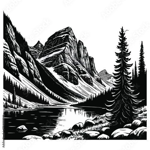 mountainous landscape, pine trees, lake, reflection, black and whit e, woodcut style, landscape illustration, detailed, dramatic, cinematic
