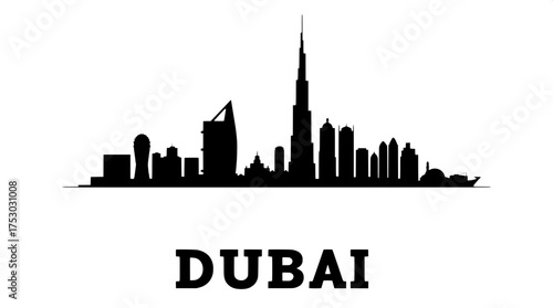 A minimalist black silhouette of the Dubai skyline against a pure white background, featuring the Burj Khalifa as the tallest structure in the center, with "DUBAI" written below in bold sans-serif fon