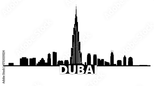 A minimalist black silhouette of the Dubai skyline against a pure white background, featuring the Burj Khalifa as the tallest structure in the center, with "DUBAI" written below in bold sans-serif fon