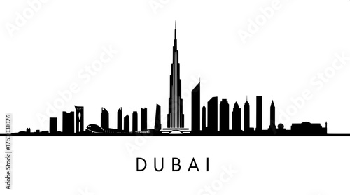 A minimalist black silhouette of the Dubai skyline against a pure white background, featuring the Burj Khalifa as the tallest structure in the center, with "DUBAI" written below in bold sans-serif fon