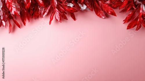 An artistic arrangement showcasing vibrant red leaves against a soft pink backdrop, perfect for adding a touch of warmth and color to any creative project or design.