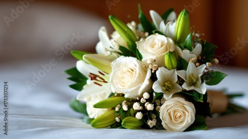A beautiful bouquet composed of white roses and green lilies elegantly arranged, showcasing the perfect blend of freshness and elegance in a serene indoor setting.