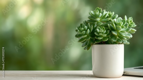 A vibrant green succulent sits gracefully in a minimalist pot, symbolizing tranquility and harmony, perfect for interior design projects or nature-themed artworks.