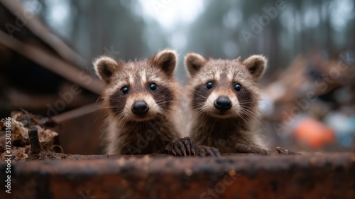 A close-up of two playful raccoons peering out, showcasing their adorable features and curiosity, set against a soft, blurred forest background for an enchanting effect.