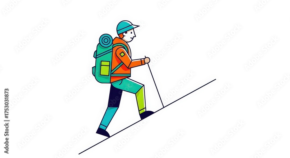 Fototapeta premium A cartoon hiker with a large backpack and trekking pole walking up a steep hill.