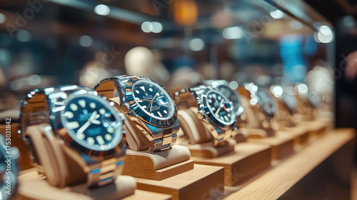 Fototapeta Naklejka Na Ścianę i Meble -  Display case filled with luxury watches, blurred watches in the background, elegant store interior, high-end shopping scene, copy space