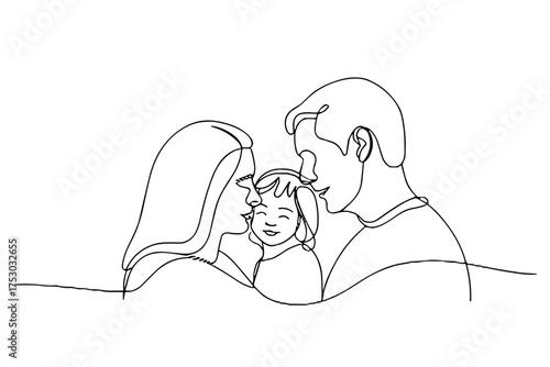 Simple line drawing of a family embracing and smiling together  