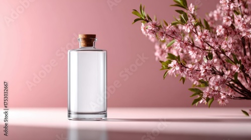 A clear glass bottle with a wooden cork, accompanied by delicate pink blossoms, beautifully arranged against a soft pink background, evoking purity and freshness in a soothing atmosphere.