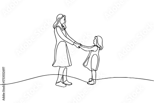 Line drawing of mother and daughter holding hands in a happy gesture  