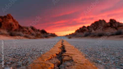 A picturesque view of an empty desert road stretching towards the horizon, framed by vibrant clouds painted in hues of pink and orange during a stunning sunset, evoking adventure.