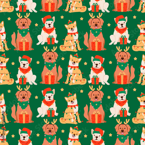 Playful seamless background with holiday dogs in Santa outfits. Decorative vector texture for Christmas wrapping, greeting cards, and textile surfaces.