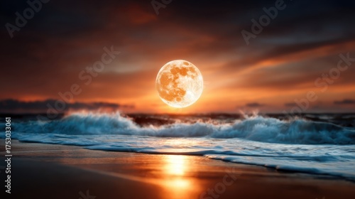 A breathtaking full moon rises above the ocean, reflecting soft light on the waves, creating a magical and tranquil atmosphere that mesmerizes observers.