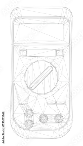 Black multimeter wireframe illustration on white background, featuring detailed vector lines, precise measurement dial, and clean technical design. This vector graphic is ideal for engineering