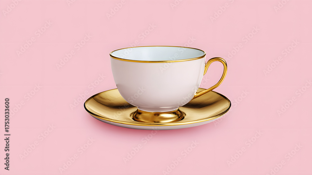 Fototapeta premium Elegant tea cup on a gold-rimmed saucer, center aligned with empty pastel background around it