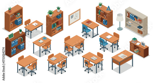 Isometric classroom furniture set with desks, chairs, and bookshelves
