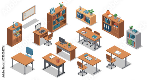 Isometric office furniture collection with desks and bookshelves