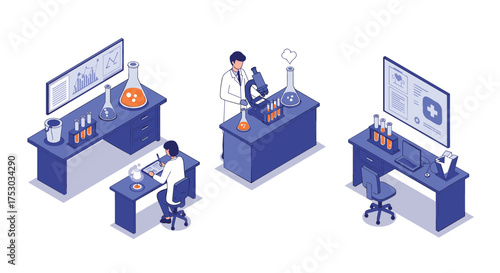 Isometric laboratory scene with scientists and equipment in a modern research setting