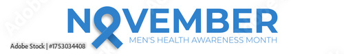 November Mens Health awareness month wide text banner with blue ribbon icon. Blue November is prostate cancer awareness month. Movember mens health month wide banner