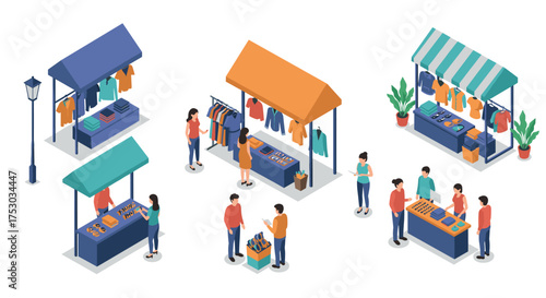 Isometric market stalls with people interacting in a modern outdoor setting