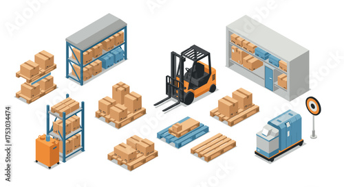 Isometric warehouse set with forklift, shelves, pallets and boxes