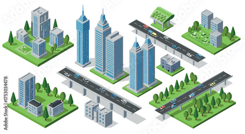 Futuristic isometric cityscape with skyscrapers, roads, and green spaces