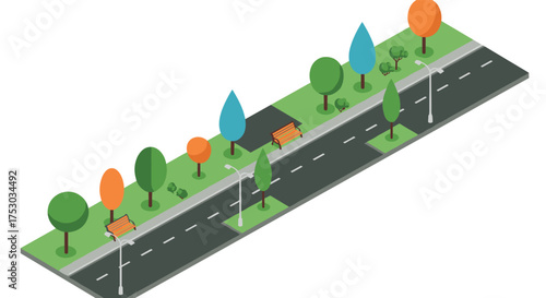Isometric park avenue design with trees and benches