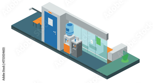 Modern office hallway isometric design with water cooler and resting area